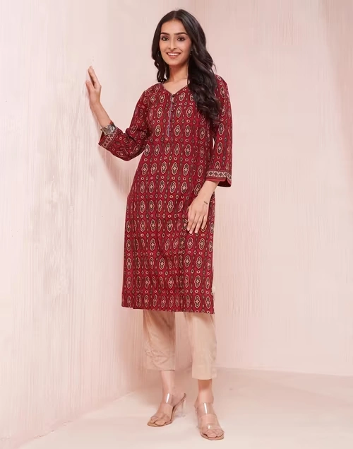 Maroon Cotton Ajrakh Printed Knee Length Kurta
