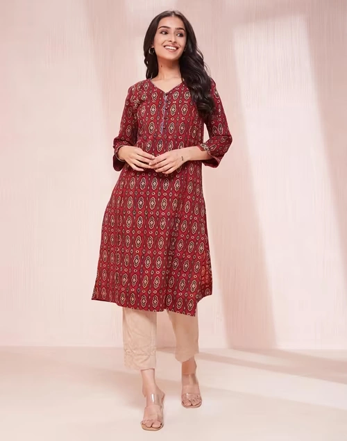 Maroon Cotton Ajrakh Printed Knee Length Kurta