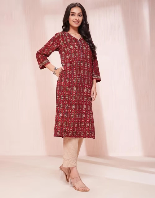 Maroon Cotton Ajrakh Printed Knee Length Kurta 3 Maroon Cotton Ajrakh Printed Knee Length Kurta