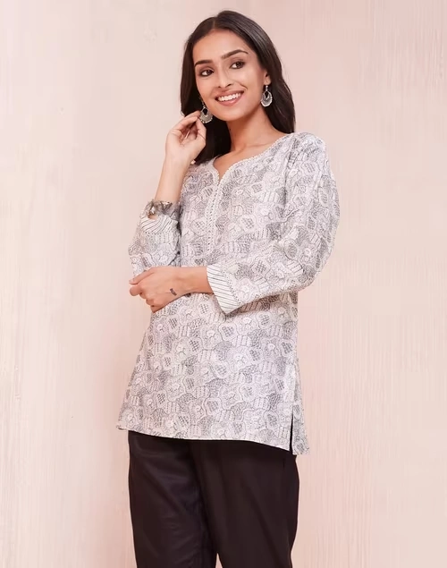 Grey Cotton Silk Hand Block Printed Short Kurta