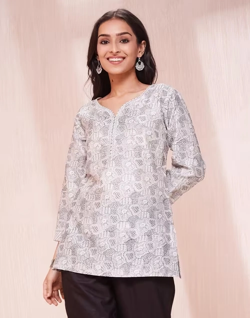 Grey Cotton Silk Hand Block Printed Short Kurta