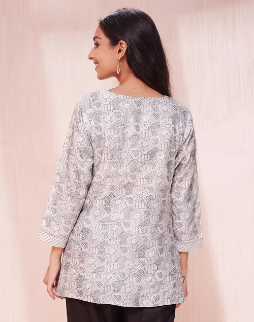 Grey Cotton Silk Hand Block Printed Short Kurta 4 Grey Cotton Silk Hand Block Printed Short Kurta