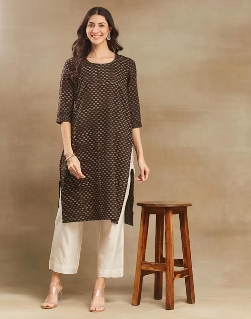 Brown Cotton Dabu Printed Long Kurta