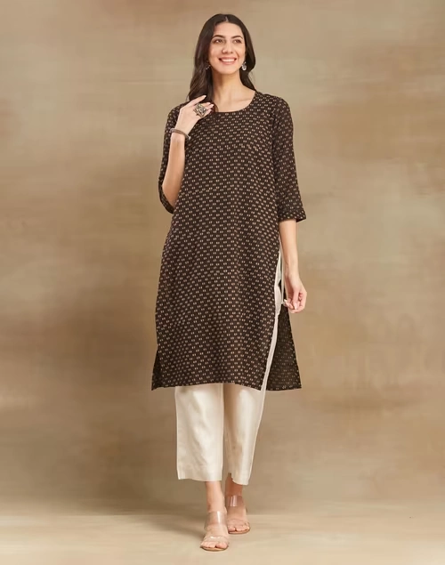 Brown Cotton Dabu Printed Long Kurta