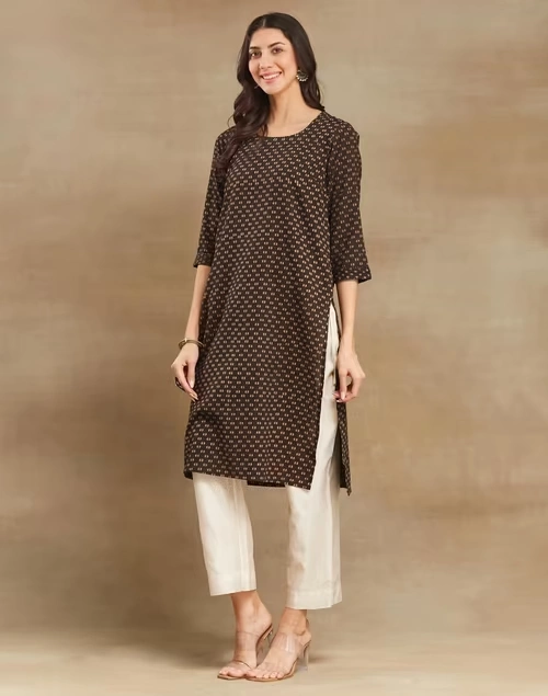Brown Cotton Dabu Printed Long Kurta 3 Brown Cotton Dabu Printed Long Kurta