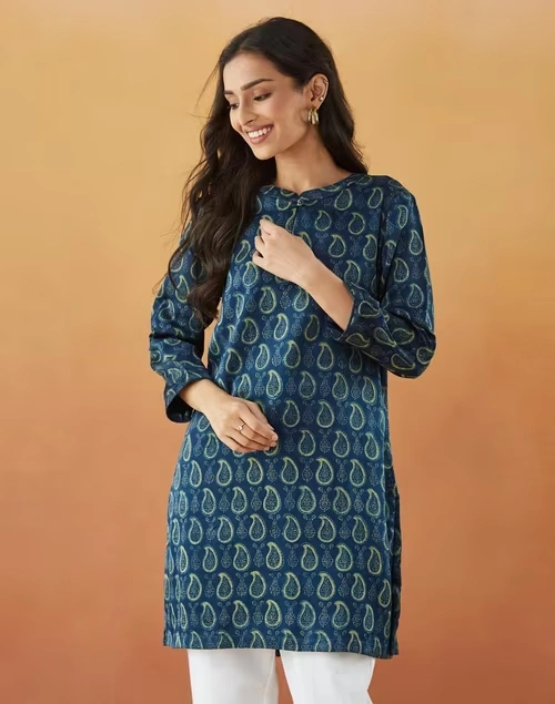 Indigo Rayon Blend Ajrakh Printed Kurta Short