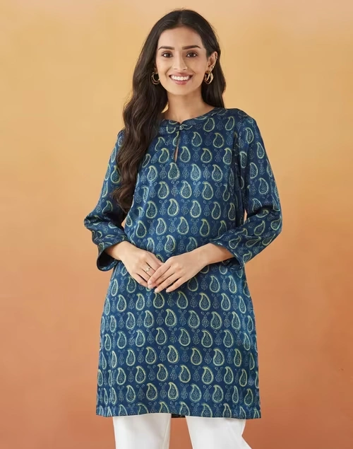 Indigo Rayon Blend Ajrakh Printed Kurta Short