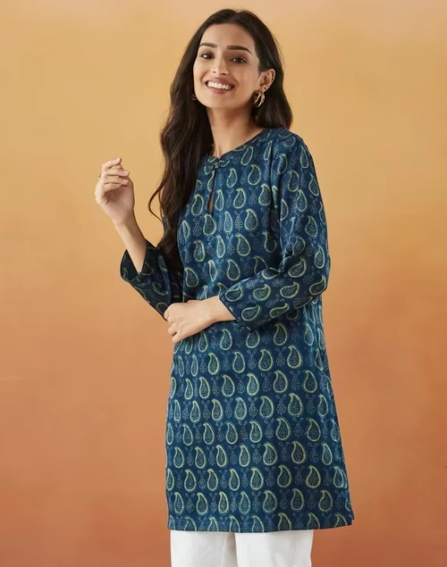 Indigo Rayon Blend Ajrakh Printed Kurta Short 3 Indigo Rayon Blend Ajrakh Printed Kurta Short