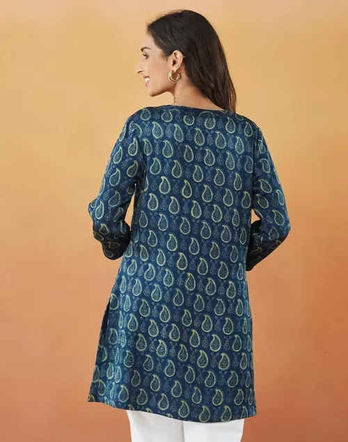 Indigo Rayon Blend Ajrakh Printed Kurta Short 4 Indigo Rayon Blend Ajrakh Printed Kurta Short