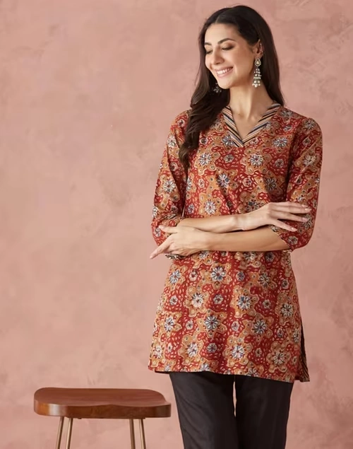 Mustard Cotton Kalamkari Printed Short Kurta