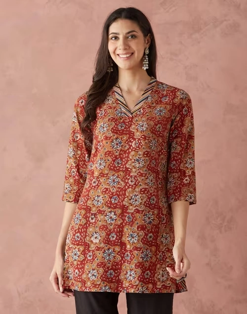 Mustard Cotton Kalamkari Printed Short Kurta