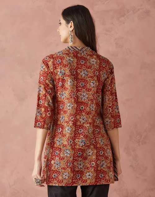 Mustard Cotton Kalamkari Printed Short Kurta