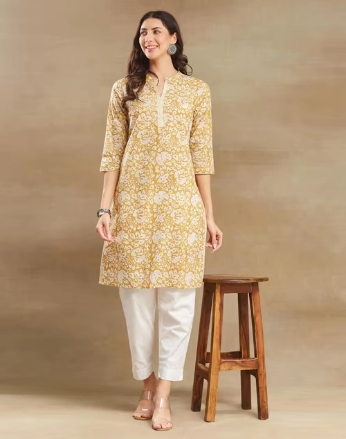 Mustard Cotton Hand Block Printed Knee Length Kurta