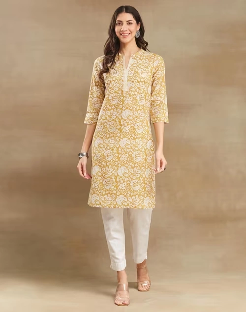 Mustard Cotton Hand Block Printed Knee Length Kurta