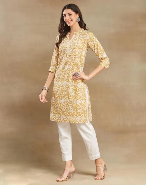 Mustard Cotton Hand Block Printed Knee Length Kurta 3 Mustard Cotton Hand Block Printed Knee Length Kurta