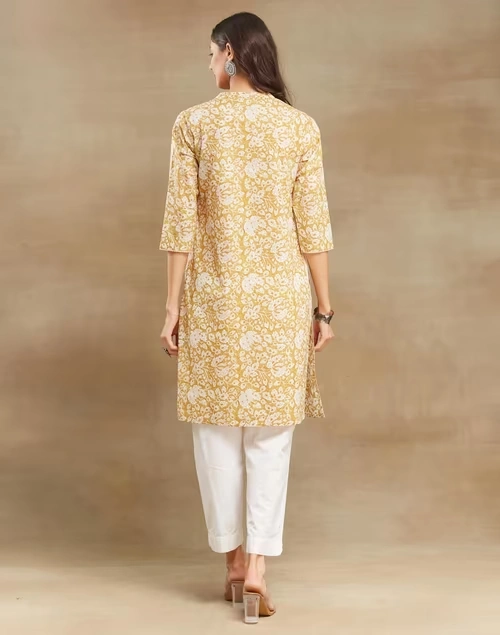 Mustard Cotton Hand Block Printed Knee Length Kurta 4 Mustard Cotton Hand Block Printed Knee Length Kurta