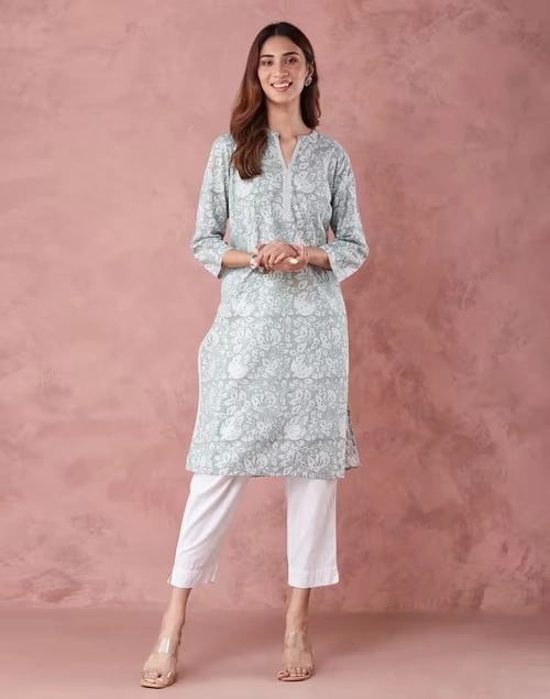 Green Cotton Hand Block Printed Knee Length Kurta