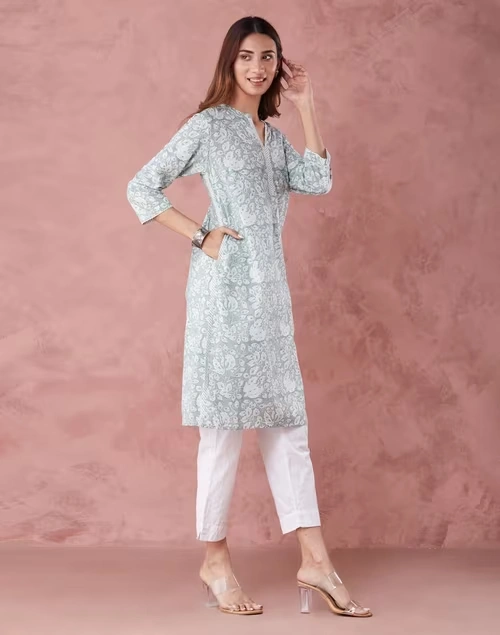 Green Cotton Hand Block Printed Knee Length Kurta