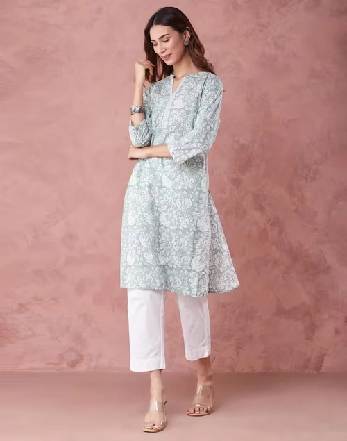 Green Cotton Hand Block Printed Knee Length Kurta 3 Green Cotton Hand Block Printed Knee Length Kurta