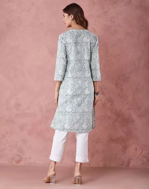 Green Cotton Hand Block Printed Knee Length Kurta 4 Green Cotton Hand Block Printed Knee Length Kurta