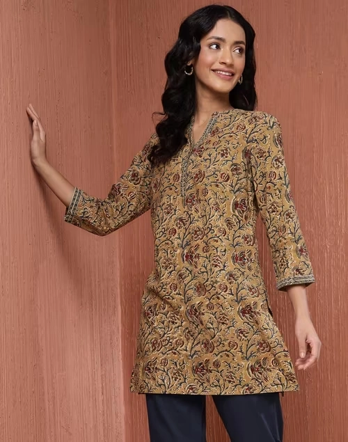 Mustard Cotton Kalamkari Printed Short Kurta