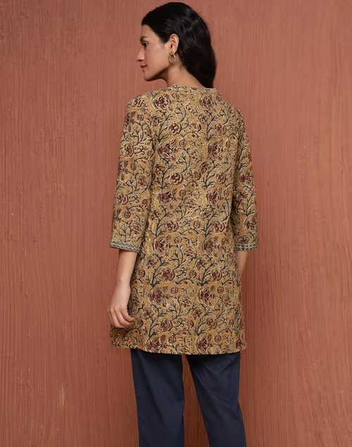 Mustard Cotton Kalamkari Printed Short Kurta