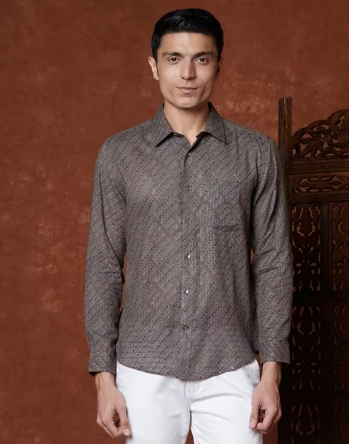 Grey Cotton Slim Fit Shirt