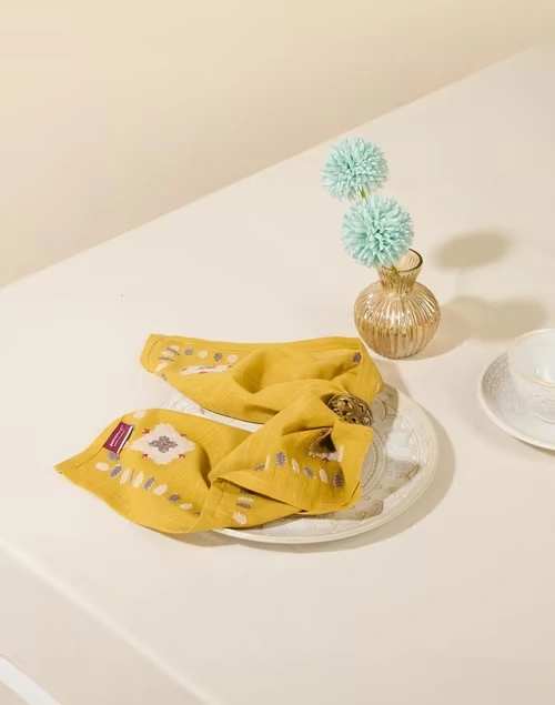 Yellow Cotton Embroidered Ahava Napkin