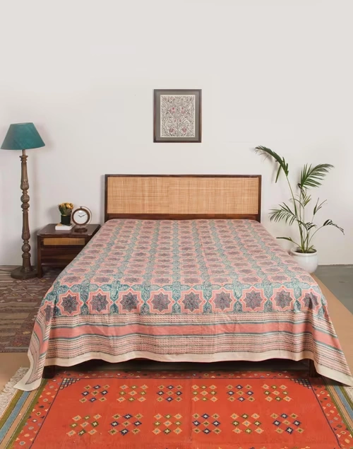 Teal Tastir Cotton Hand Block Printed Bed Cover