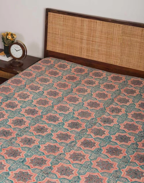 Teal Tastir Cotton Hand Block Printed Bed Cover