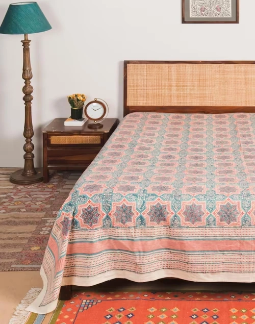 Teal Tastir Cotton Hand Block Printed Bed Cover 3 Teal Tastir Cotton Hand Block Printed Bed Cover