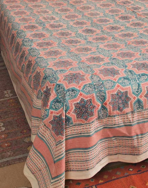 Teal Tastir Cotton Hand Block Printed Bed Cover 4 Teal Tastir Cotton Hand Block Printed Bed Cover
