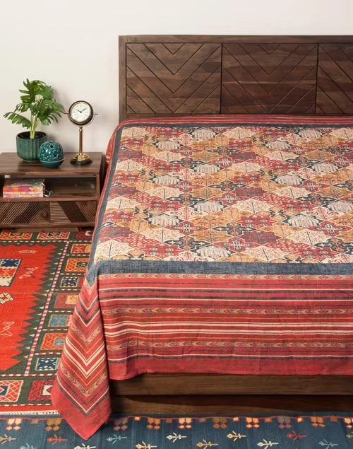 Multi Cotton Fergana Printed Bed Cover- Double