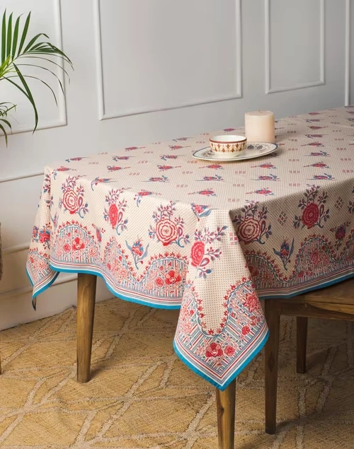 Red Cotton Chintz Printed Table Cover- 4 Seater