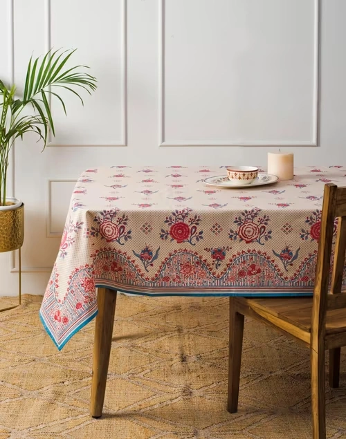 Red Cotton Chintz Printed Table Cover- 4 Seater
