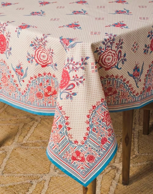 Red Cotton Chintz Printed Table Cover- 4 Seater