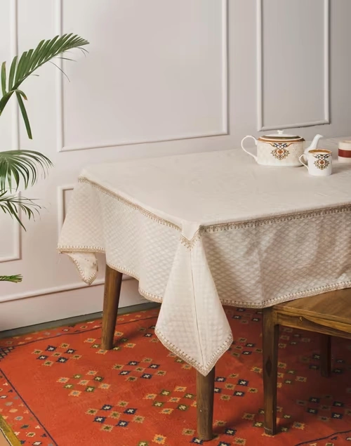 Off White Cotton Blend Printed Onam Table Cover- 4 Seater