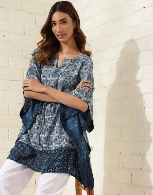 Indigo Viscose Printed Kaftan