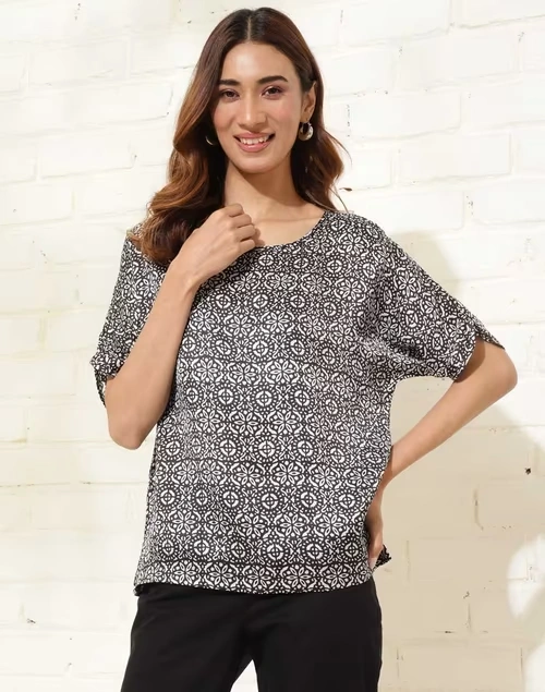 Black Rayon Blend Hand Block Printed Meiji Top