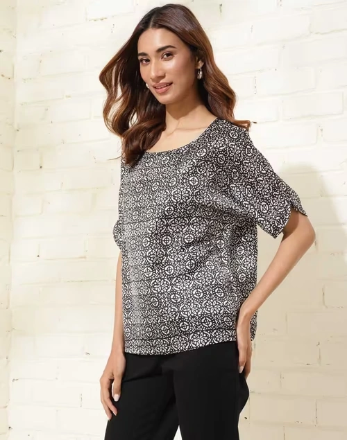 Black Rayon Blend Hand Block Printed Meiji Top 3 Black Rayon Blend Hand Block Printed Meiji Top