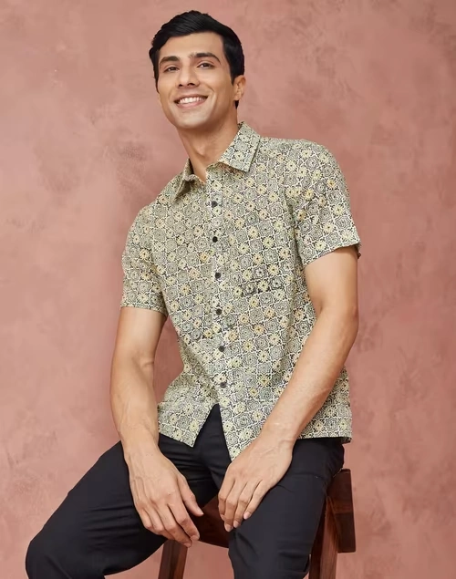 Beige Cotton Hand Block Printed Bush Shirt