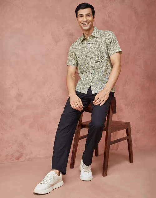 Beige Cotton Hand Block Printed Bush Shirt