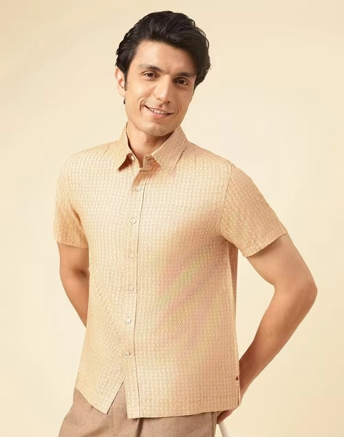 Beige Viscose Silk Hand Block Printed Bush Shirt