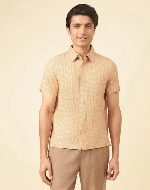 Beige Viscose Silk Hand Block Printed Bush Shirt