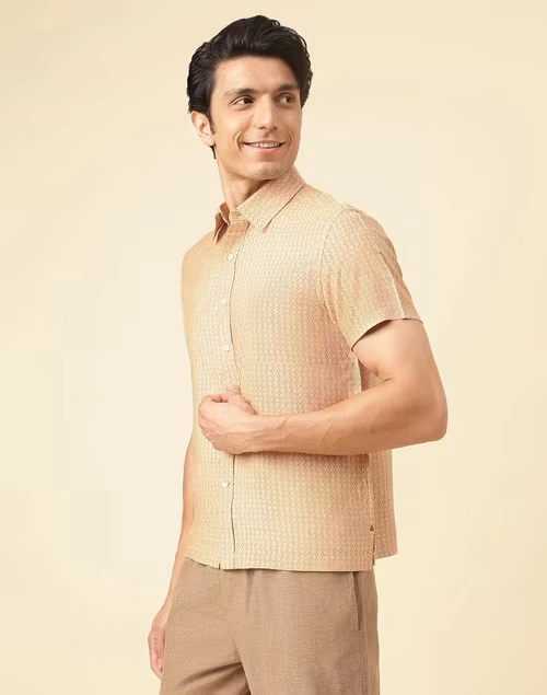 Beige Viscose Silk Hand Block Printed Bush Shirt