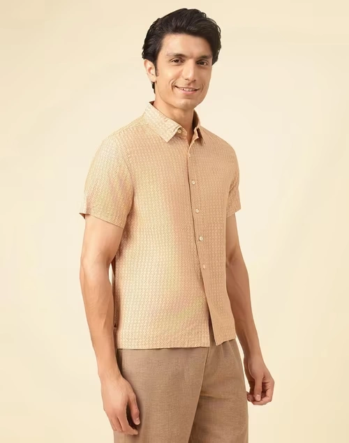 Beige Viscose Silk Hand Block Printed Bush Shirt