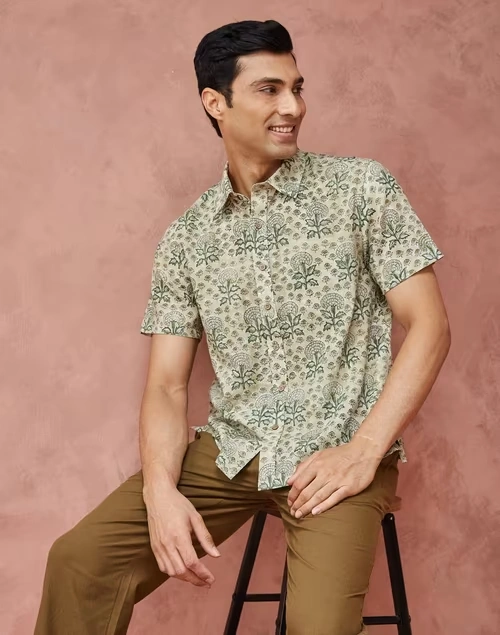 Beige Cotton Hand Block Printed Bush Shirt