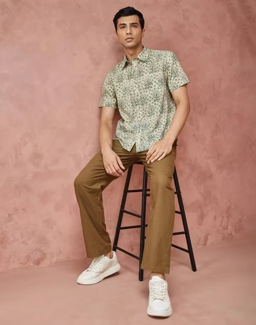 Beige Cotton Hand Block Printed Bush Shirt