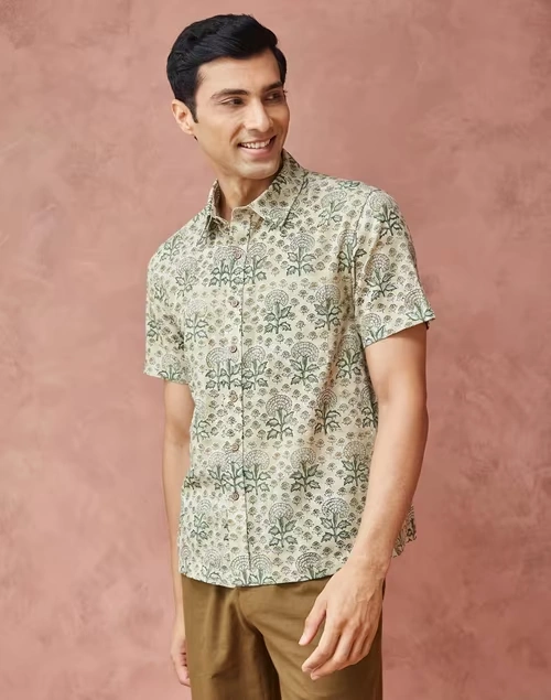 Beige Cotton Hand Block Printed Bush Shirt