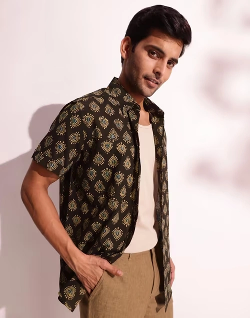Black Cotton Ajrakh Printed Shirt